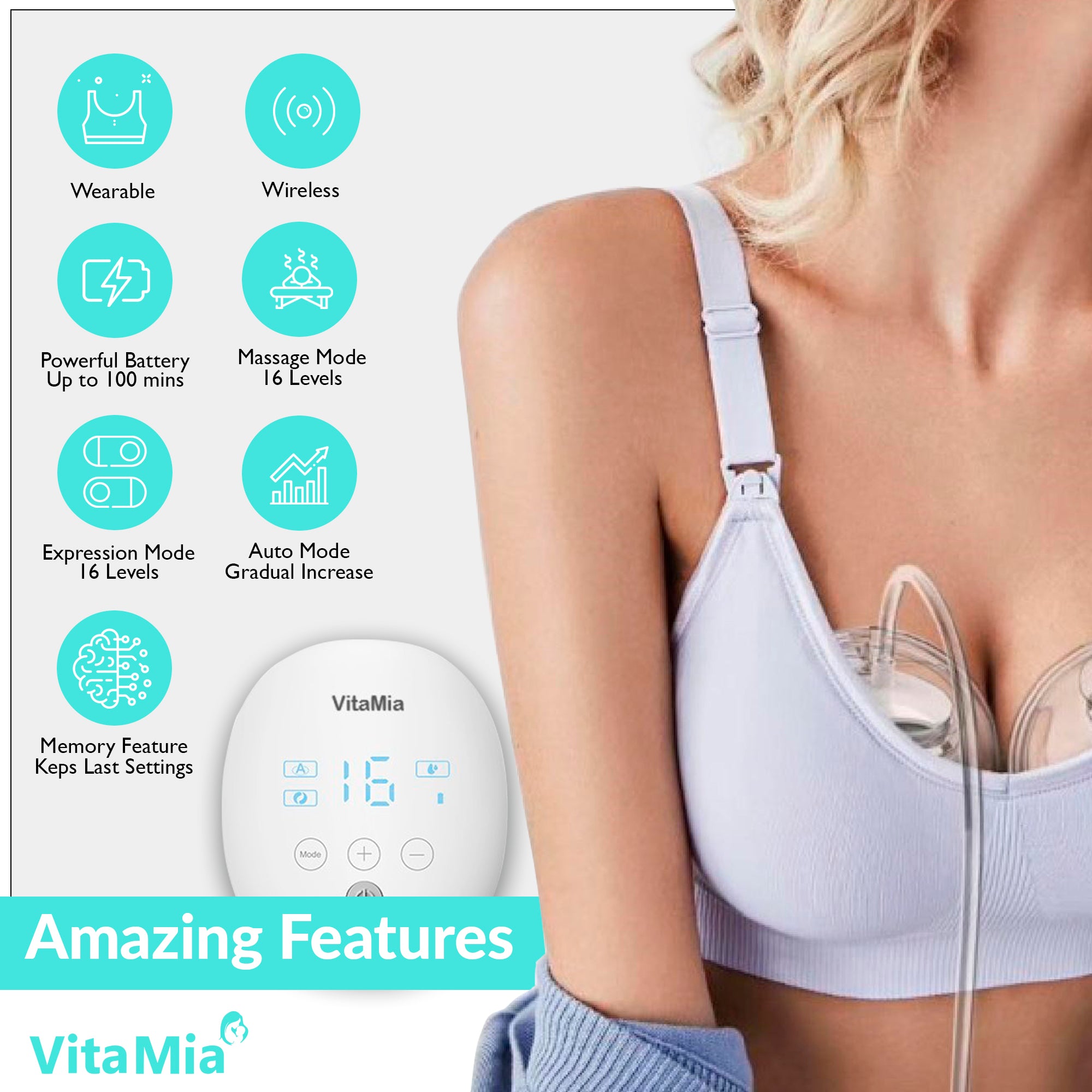 VitaMia Premium Wearable Cordless Breast Pump Set of 2, Rechargeable, –  VitaMia USA